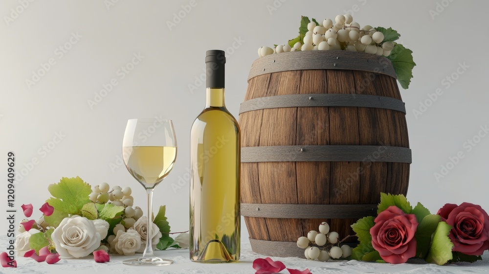 Elegant white wine arrangement with a rustic barrel and fresh flowers creating a serene and inviting atmosphere for any celebration Elegant white wine arrangement with a rustic barrel and fresh flowers creating a serene and inviting atmosphere for any celebration