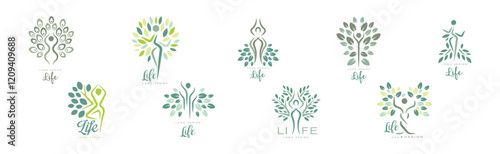 Life Logo Design with Root and Tree Crown Vector Set
