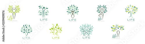 Life Logo Design with Root and Tree Crown Vector Set