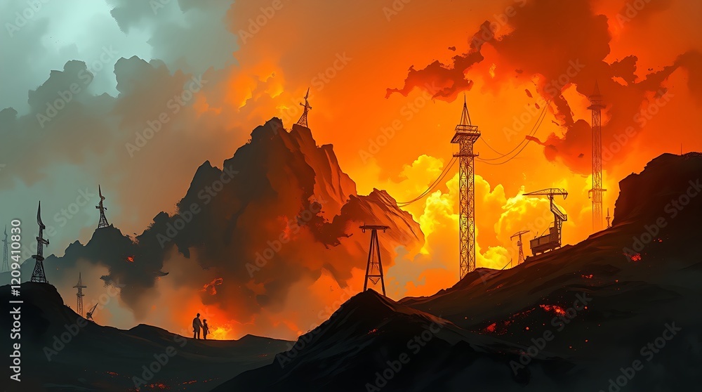 Fototapeta premium illustration of climate change. Global Warming and Pollution Concept - Sustainability. forest fires, the earth dries up