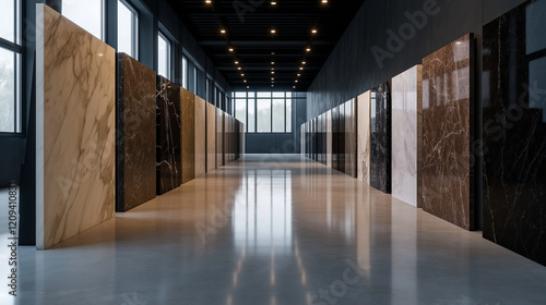 Rows of marble slabs with various textures, from glossy to matte finishes, neatly displayed in a modern storage facility with a sleek industrial design photo