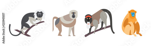 Different Monkey Animal with Long Tail Vector Set