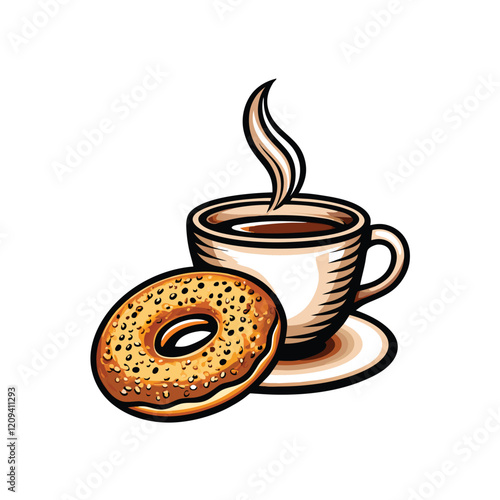Design a vector icon of a bagel with a coffee cup. The bagel should be round and have a small bite taken out of it. The coffee cup should be filled with coffee and have steam rising from it.