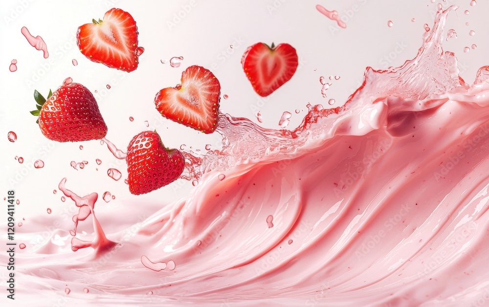 A radiant pink wave of strawberry yogurt with flying heart-shaped strawberry slices, splashing gracefully on a white background for Valentines Day and 8 March A radiant pink wave of strawberry yogurt with flying heart-shaped strawberry slices, splashing gracefully on a white background for Valentines Day and 8 March