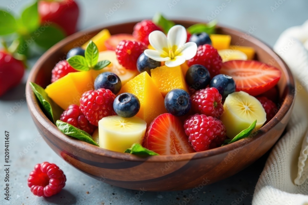 Fresh fruit salad with edible flowers in a wooden bowl, fruit, wood Fresh fruit salad with edible flowers in a wooden bowl, fruit, wood