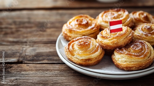 Wallpaper Mural Delicious pastries showcasing intricate layers on a rustic wooden table with a small Austrian flag proudly displayed Torontodigital.ca