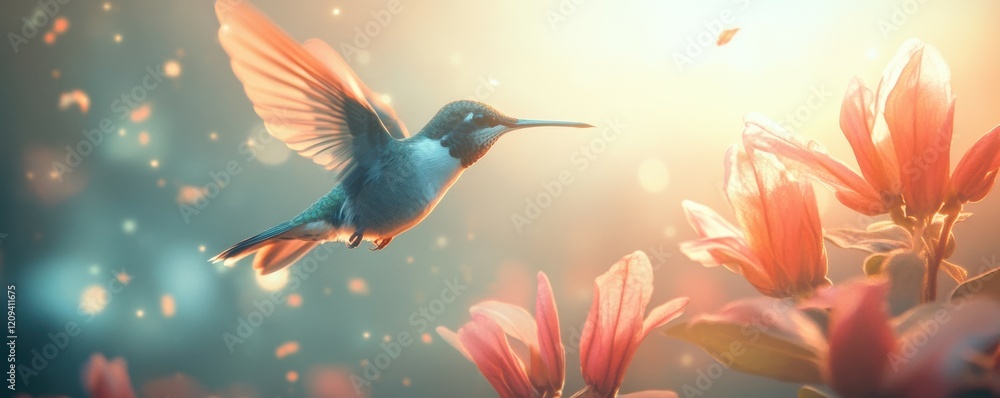 A tiny hummingbird hovering in front of a flower, its wings beating so fast they are almost invisible. A tiny hummingbird hovering in front of a flower, its wings beating so fast they are almost invisible.