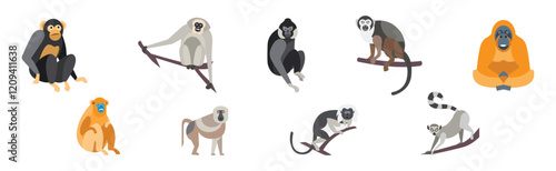 Different Monkey Animal with Long Tail Vector Set