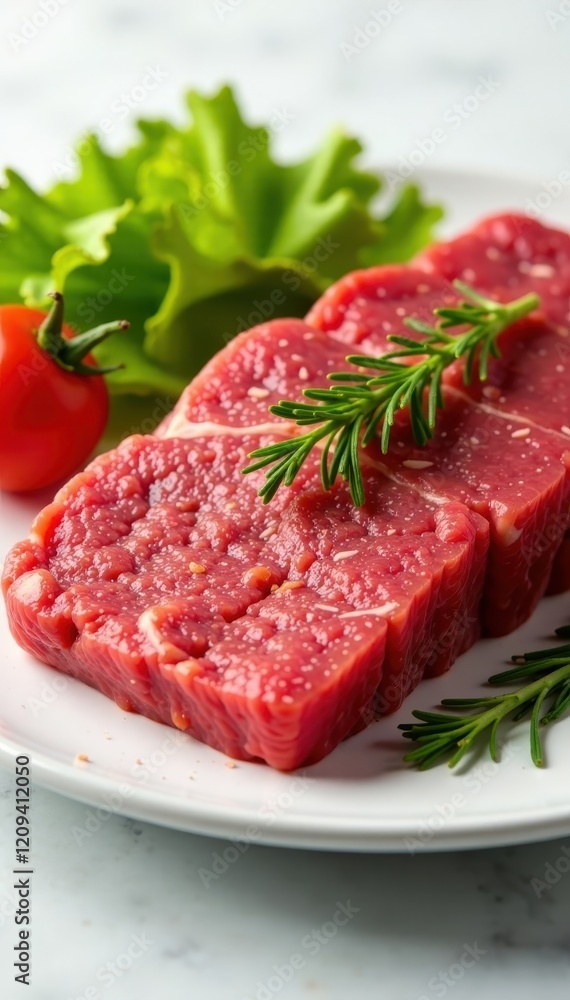 Freshly cut raw beef served on a white surface with colorful vegetables , food, salad Freshly cut raw beef served on a white surface with colorful vegetables , food, salad