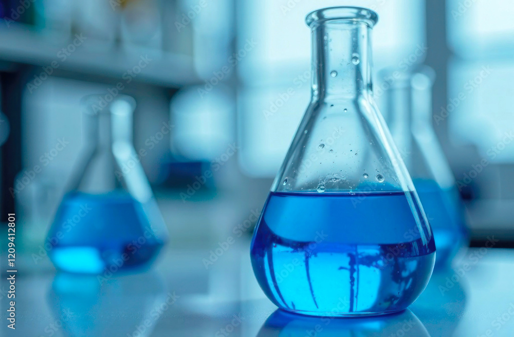 Blue liquid fills glass flasks in a bright laboratory, emphasizing scientific research and experimentation activities Blue liquid fills glass flasks in a bright laboratory, emphasizing scientific research and experimentation activities