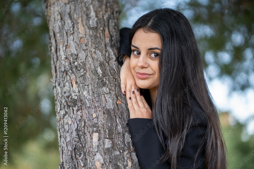 Businesswoman leaning on a tree trunk in a park, enjoying a moment of relaxation Businesswoman leaning on a tree trunk in a park, enjoying a moment of relaxation