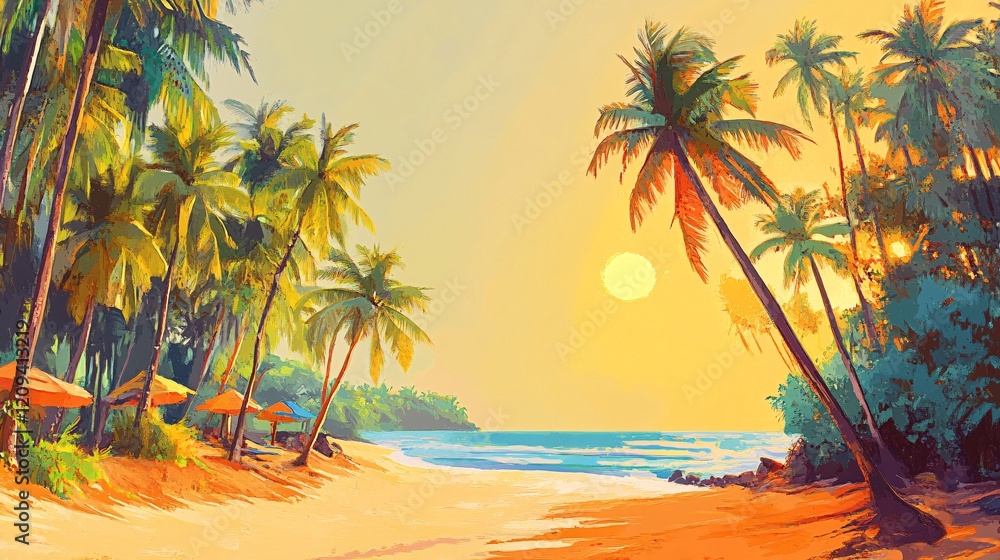 Obraz premium Serene Tropical Beach at Sunset with Palm Trees and Golden Sands