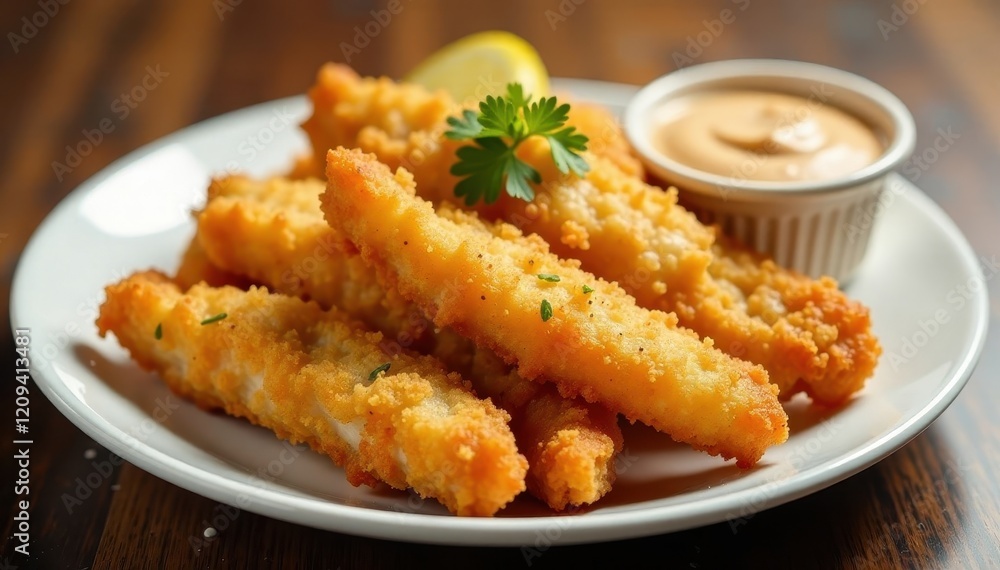 Golden fried fish strips served on a plate with dipping sauce , fried, seafood Golden fried fish strips served on a plate with dipping sauce , fried, seafood
