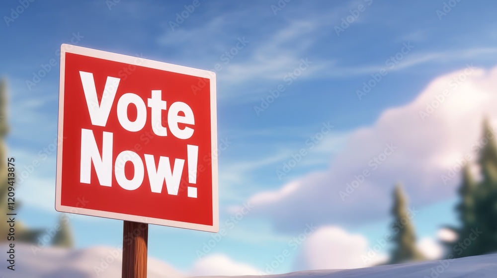 Outdoor Political Campaign Sign Urging Citizens to Vote Now in Winter Landscape Outdoor Political Campaign Sign Urging Citizens to Vote Now in Winter Landscape