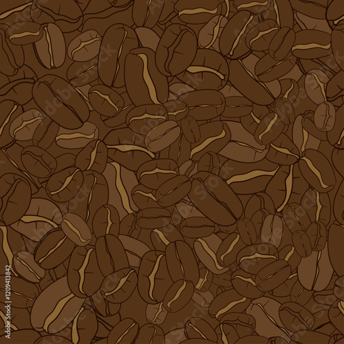 Seamless pattern with coffee beans. Vector illustration. Brown background.