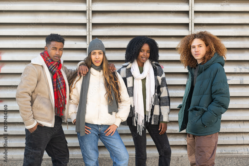 Fototapeta premium Group of young people posing together outdoors in winter clothes