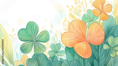 Vibrant Botanical Illustration of Colorful Clover Leaves and Flowers
