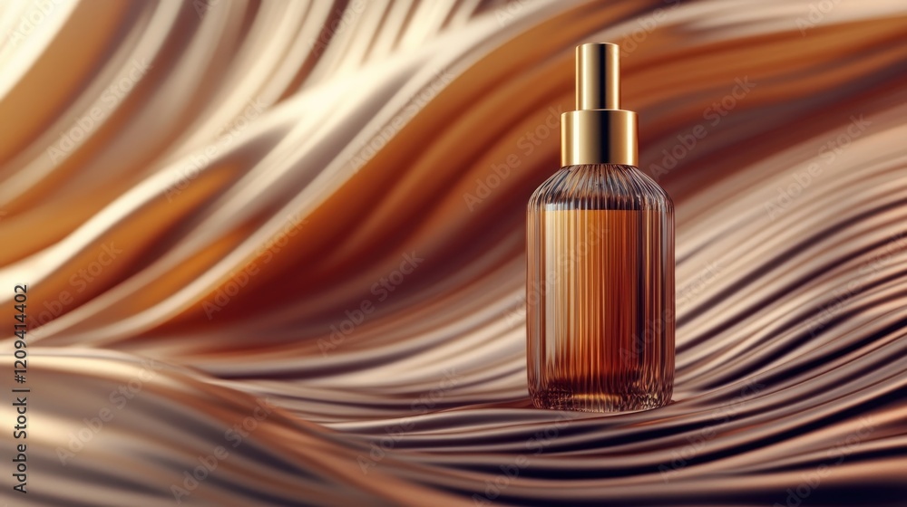 Naklejka premium Amber glass spray bottle on wavy brown background