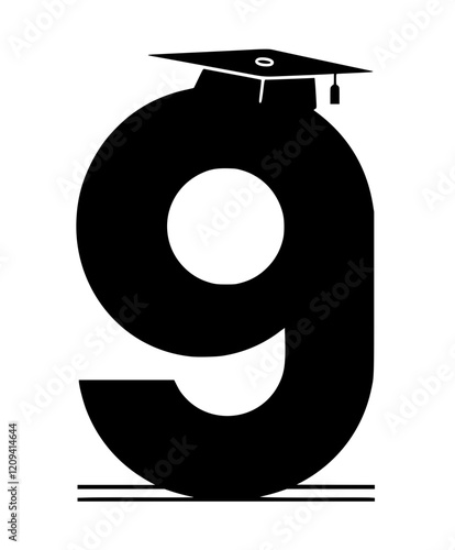 Graduation Cap on Number Nine Symbol, Black and white illustration of the number nine wearing a graduation cap, representing education, academic success, and scholarly achievement.  
  
