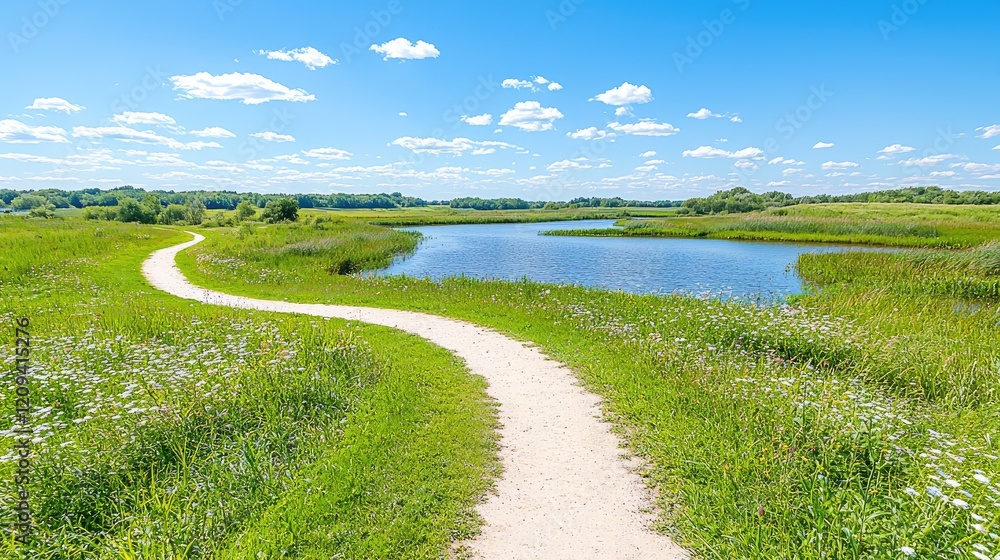 Naklejka premium Winding path by summer lake, sunny day, green meadows. Ideal for travel brochures