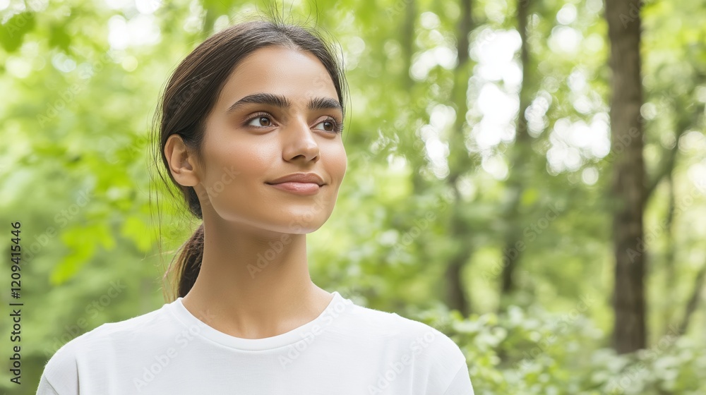 Confident Young Woman Smiling in Lush Green Forest Setting Confident Young Woman Smiling in Lush Green Forest Setting