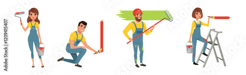 Man and Woman Character in Overall Paint Wall Vector Set