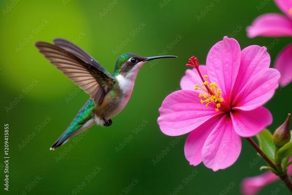 Naklejka premium Hummingbird perched on a vibrant pink flower with delicate petals and soft center, spring blooms,