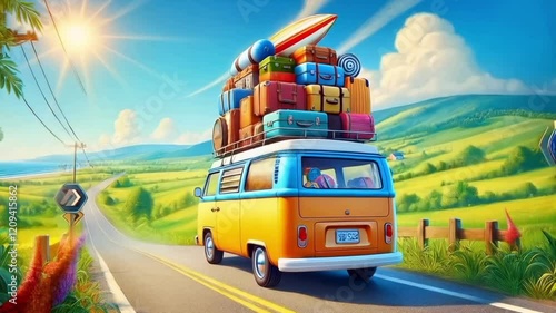 a van loaded with luggage moves on a road towards the sea which can be seen in the distance