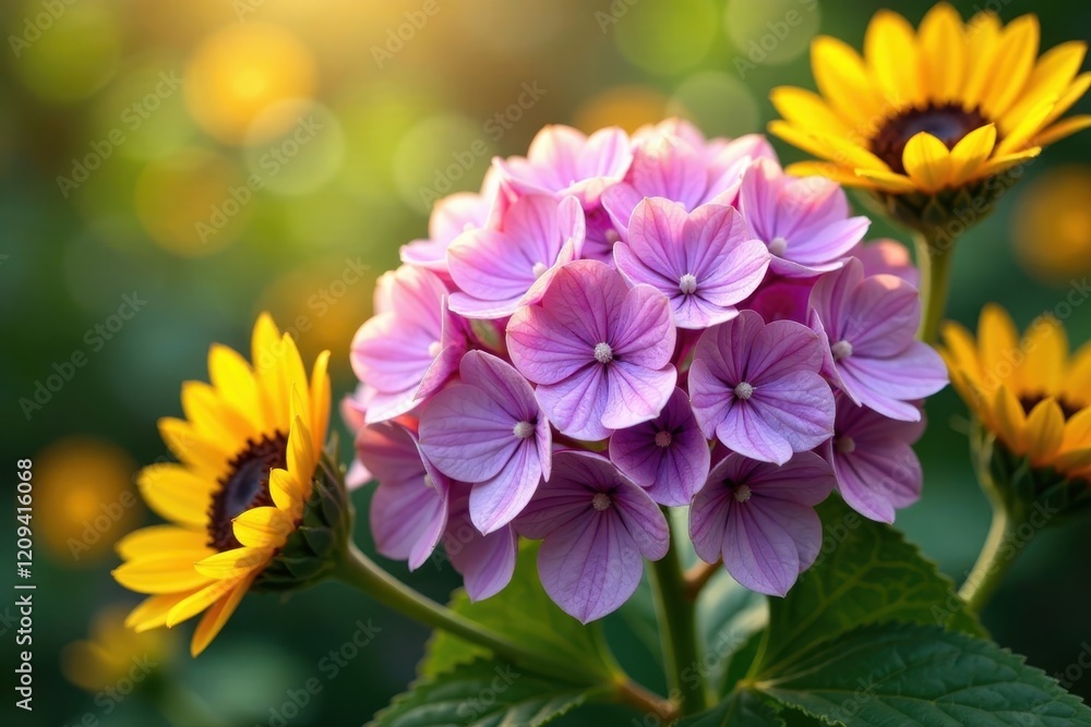 Fototapeta premium Hydrangea in Full Bloom with Sunflowers and Daisies, bouquet, daisies