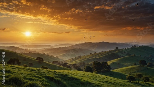 Sunrise over Green Hills, Serene Atmosphere, Panoramic Landscape with Birds Against Fiery Sky

