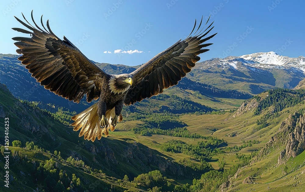 A majestic eagle captured mid-flight, soaring over a lush green valley under a clear blue sky A majestic eagle captured mid-flight, soaring over a lush green valley under a clear blue sky