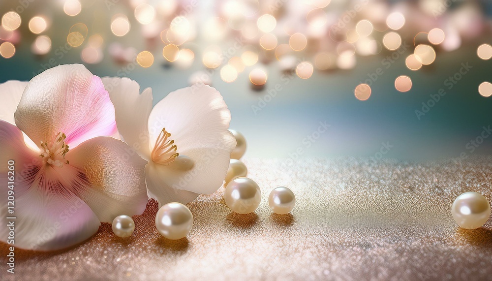 淡いピンク色の花びらとパールのアクセサリーとキラキラと輝く背景。AIで生成 淡いピンク色の花びらとパールのアクセサリーとキラキラと輝く背景。AIで生成