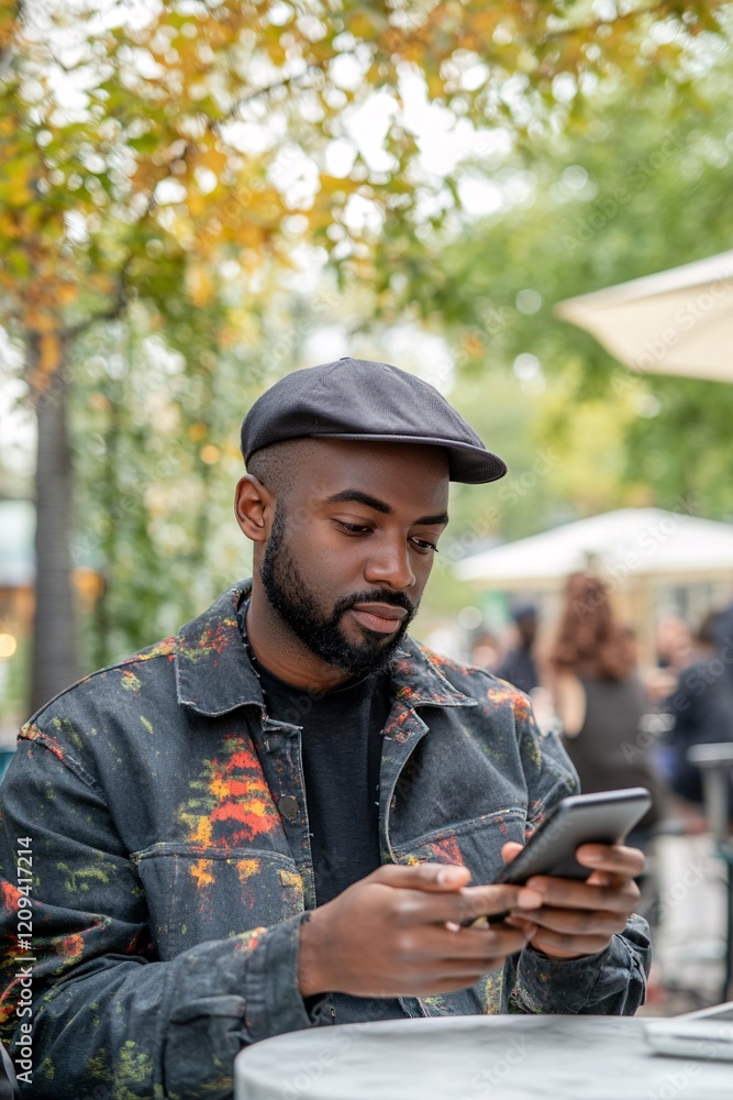 Young Man in Cap Using Smartphone at Outdoor Café in Fall Season Young Man in Cap Using Smartphone at Outdoor Café in Fall Season