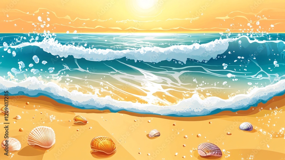 Vibrant Ocean Waves and Colorful Seashells on Sandy Beach Sunrise Vibrant Ocean Waves and Colorful Seashells on Sandy Beach Sunrise