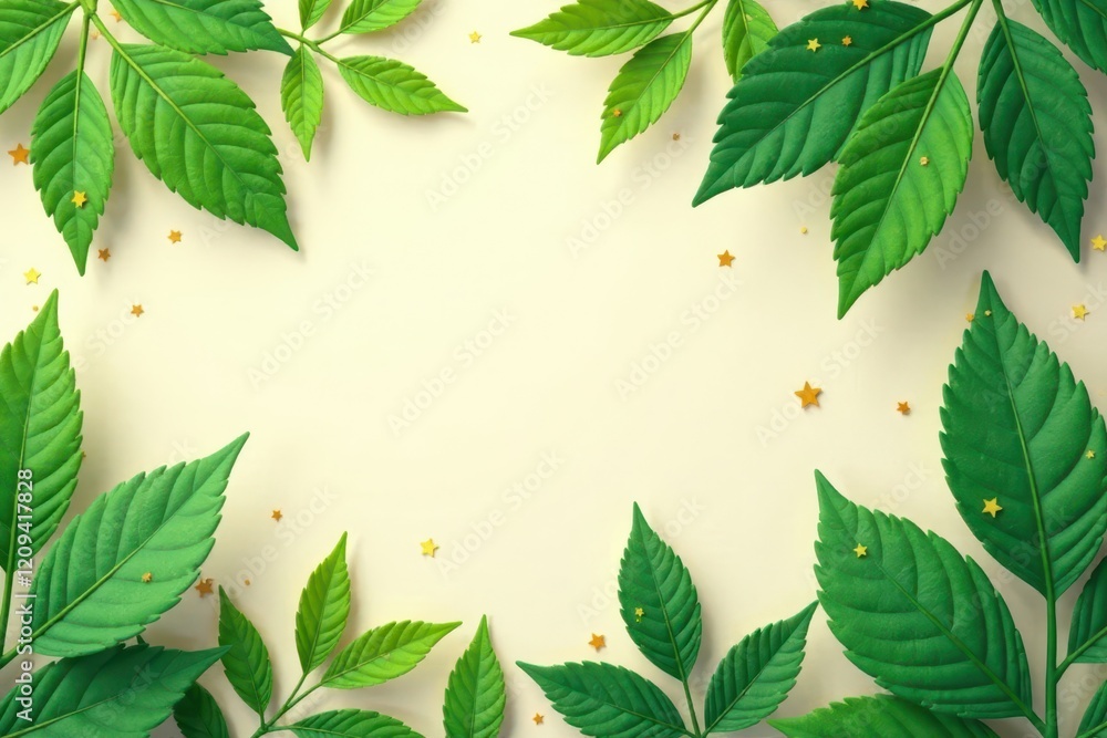 Fototapeta premium Leafy green foliage with golden accents on a soft, cream background, botanical, outdoors