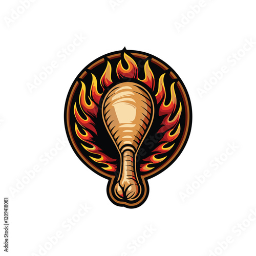 Design a circular badge featuring a flame-grilled chicken. Emphasize the flame-grilled aspect with realistic fire details and a bold, appetite-inducing design.