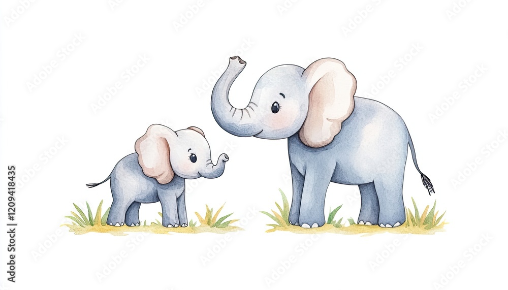 Naklejka premium Two adorable elephants, a parent and child, playfully interacting in a serene natural setting