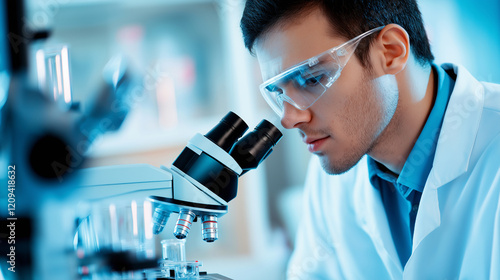 A medical professional in a well-lit laboratory, reviewing microscopic images on a computer screen, examining biological samples with advanced diagnostic tools photo