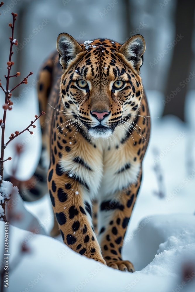 Obraz premium Majestic Amur leopard in dense snow-covered underbrush, wildlife, animal