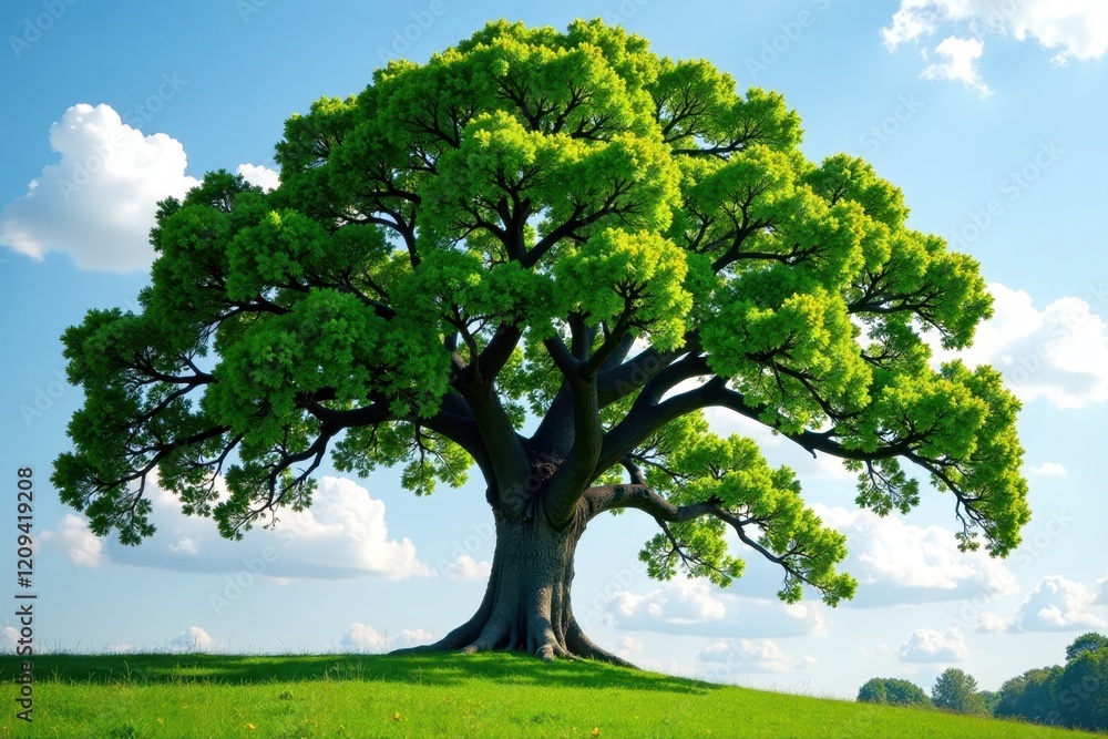 Majestic oak tree soars towards the sky with lush foliage, forest, tall tree Majestic oak tree soars towards the sky with lush foliage, forest, tall tree