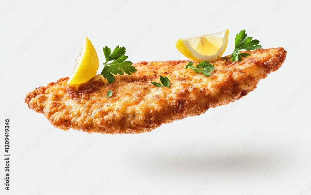 A perfectly cooked chicken schnitzel floating mid-air with lemon wedges and parsley on a clean white backdrop A perfectly cooked chicken schnitzel floating mid-air with lemon wedges and parsley on a clean white backdrop