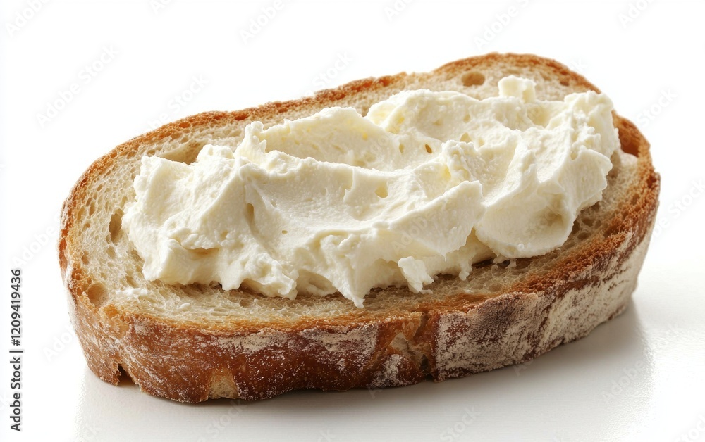 A perfectly crisp slice of artisan bread with a delicate swirl of cream cheese, isolated A perfectly crisp slice of artisan bread with a delicate swirl of cream cheese, isolated