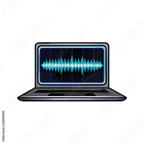 A flat lay image of a closed laptop with a vibrant waveform pattern displayed on the screen.