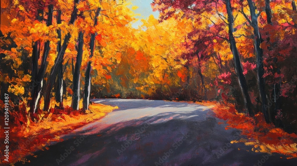 Fototapeta premium Autumnal Road Through a Canopy of Red and Gold