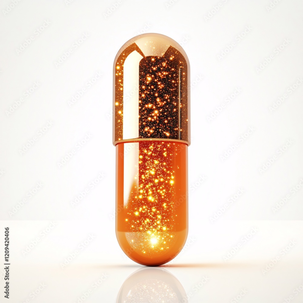 Glossy orange capsule with sparkles on a soft background Glossy orange capsule with sparkles on a soft background