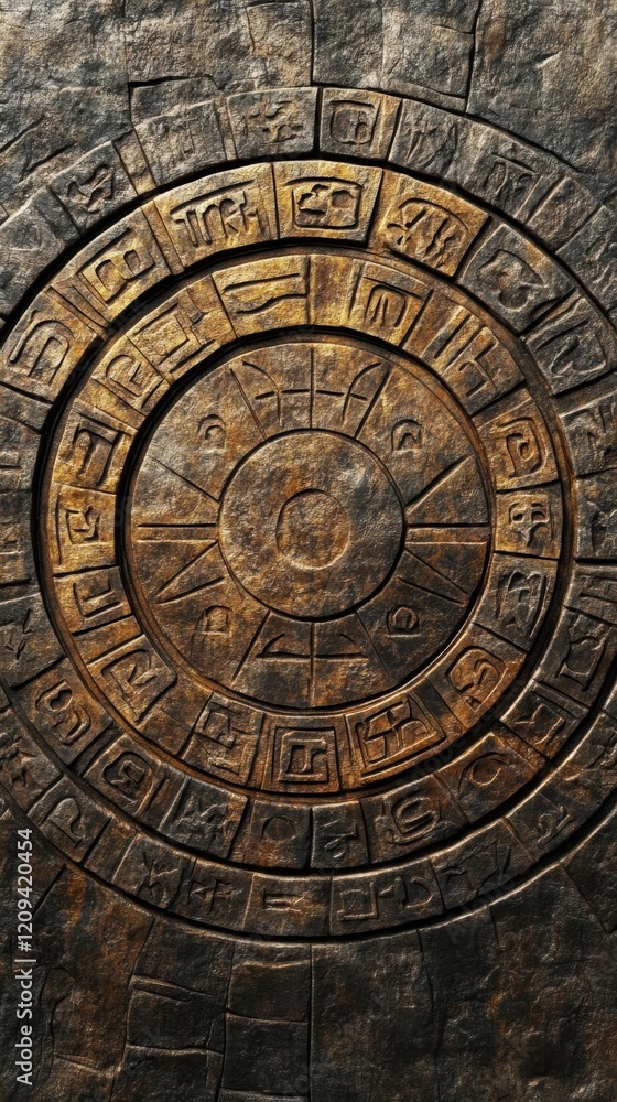Naklejka premium Ancient Stone Wheel of Time with Mysterious Glyphs and Symbols