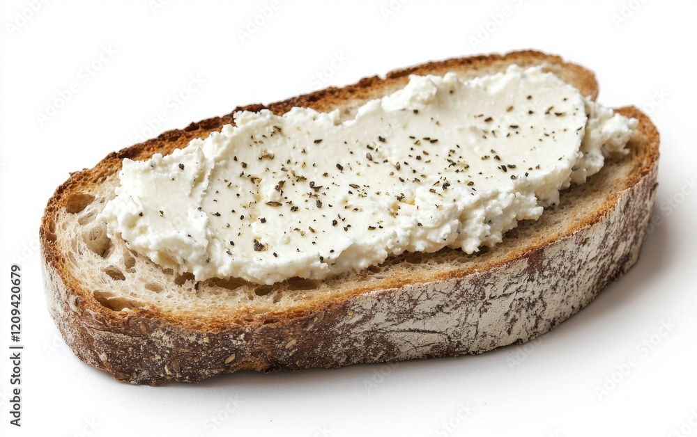 A fresh slice of rustic bread spread with creamy white cheese, isolated on a clean white background A fresh slice of rustic bread spread with creamy white cheese, isolated on a clean white background