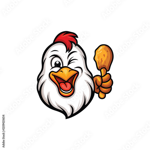 Create a friendly and cartoonish chicken mascot design.  The chicken should have big eyes, a happy smile, and maybe a colorful hat.