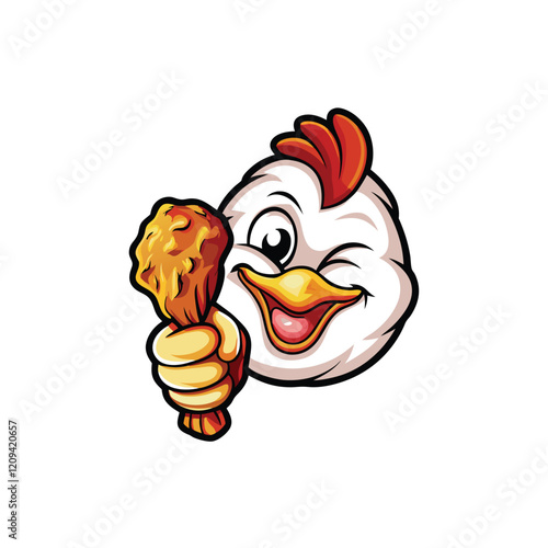 Design a friendly and approachable cartoon chicken mascot. It should have big, cheerful eyes, a wide smile, and maybe a little hat or accessory.