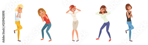 Scared and Frightened Woman Character Afraid of Something Vector Set